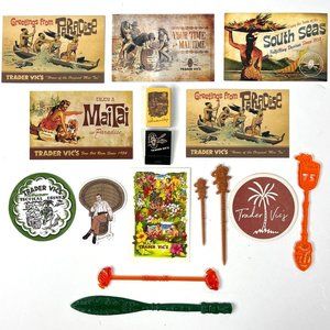 Trader Vics 75th Anniversary Lot Tiki Postcards Matches Swizzle Coasters Sticker